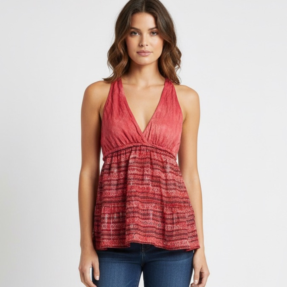 Lucky Brand Boho Tie Dye Baby Doll Tank Top in Red Sz. Large